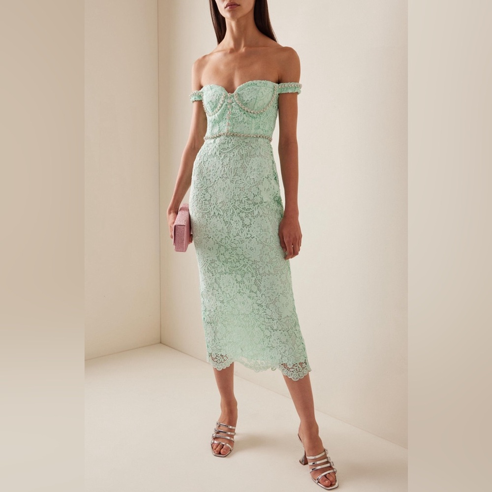 Self Portrait Green Cord Lace Diamanté Midi Dress UK10 US 6